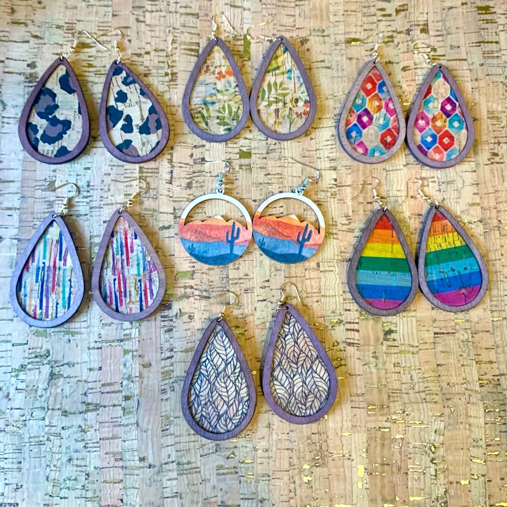 Cute wooden earrings with painted cork inlay.